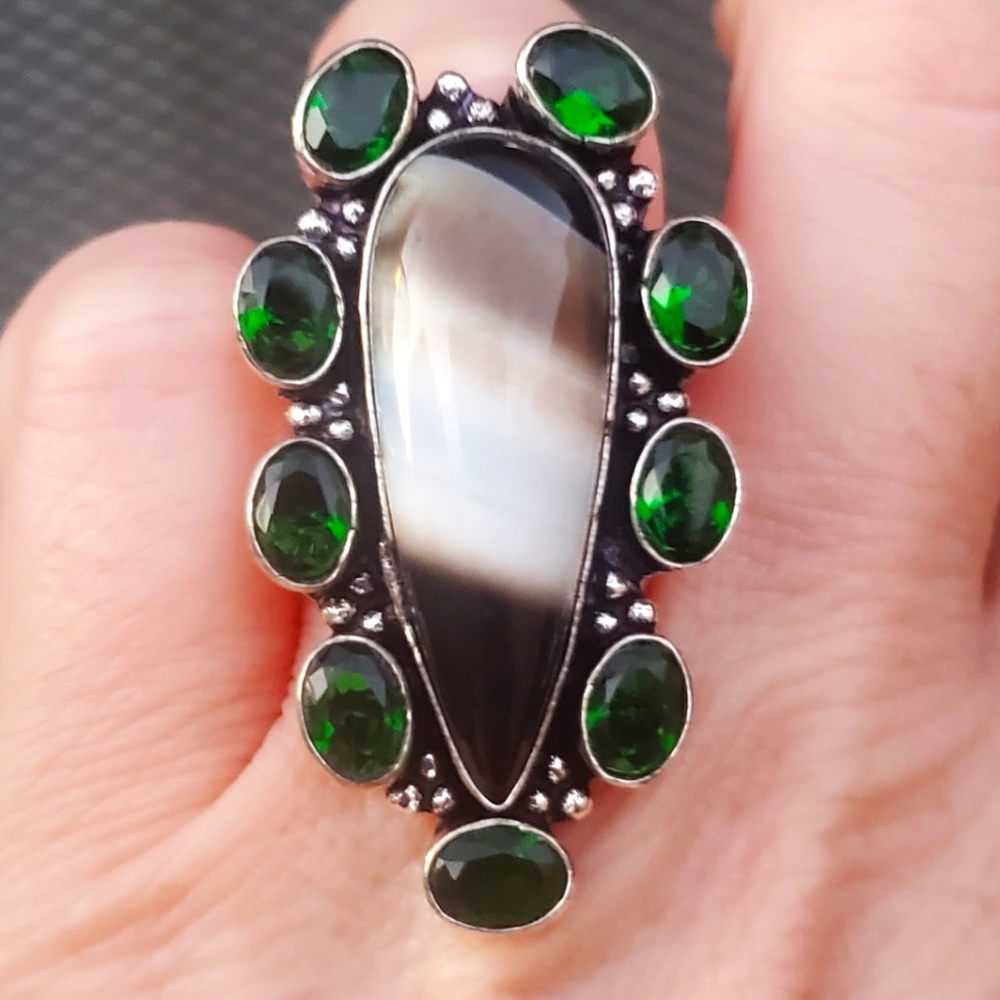 New Oversized Banded Agate & Peridot 925 Silver Statement Ring.
